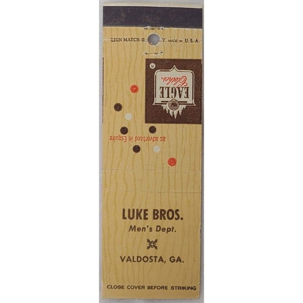Vintage Matchbook Cover Luke Bros Mens Dept Valdosta GA Georgia Eagle Clothes
